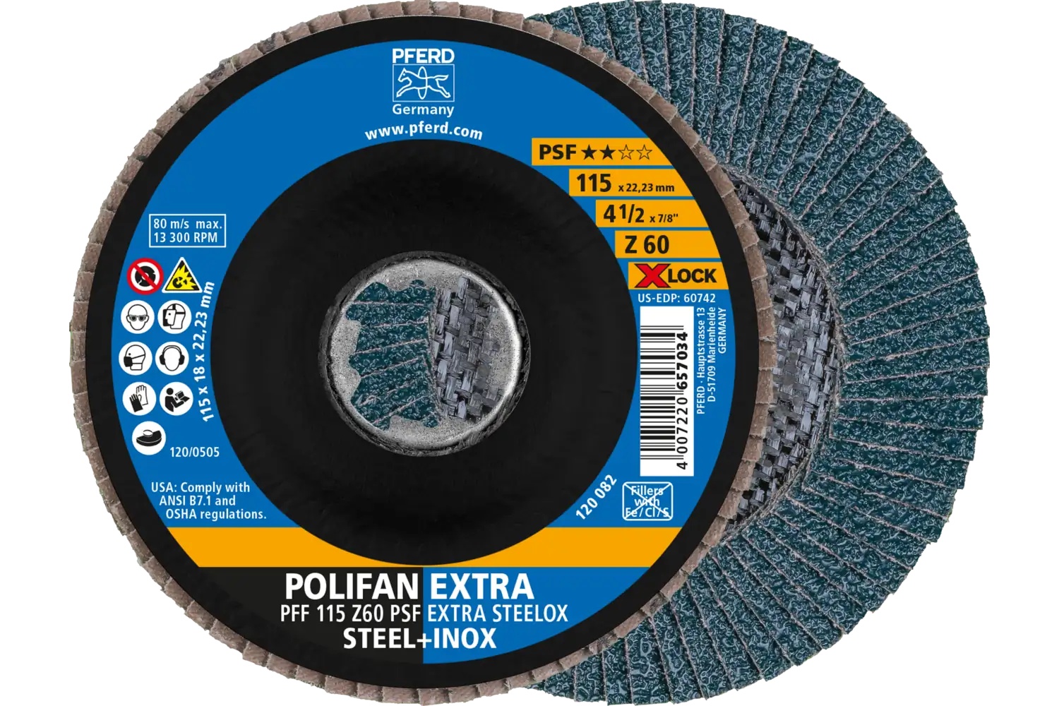 Picture of Pferd Flap Disc, 4-1/2", X-Lock, Z PSF Extra Steelox, 60 Grit, T27, Flat, Zirconia